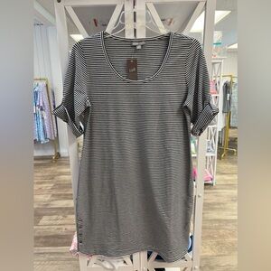 J Jill Perfect Pima Dress Womens Medium Black White Stripe Roll Tab Sleeves (ks)